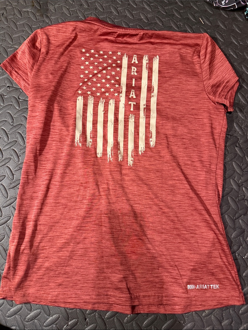 Ariat Red Heather Distressed Flag Tee small stain on front